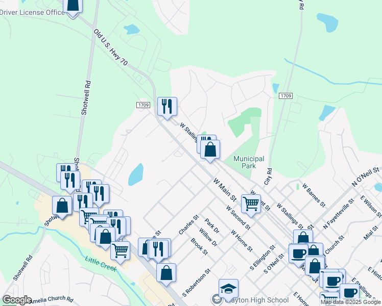 map of restaurants, bars, coffee shops, grocery stores, and more near 904 West Main Street in Clayton