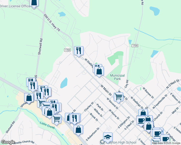 map of restaurants, bars, coffee shops, grocery stores, and more near 904 West Main Street in Clayton