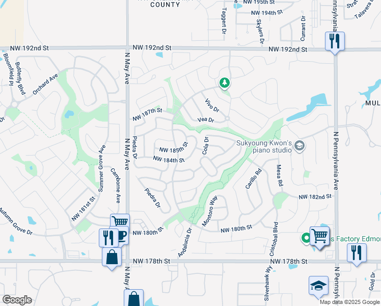 map of restaurants, bars, coffee shops, grocery stores, and more near 2549 Northwest 184th Street in Edmond
