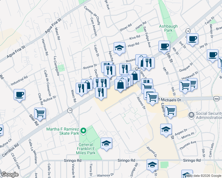 map of restaurants, bars, coffee shops, grocery stores, and more near 2301 Cerrillos Road in Santa Fe