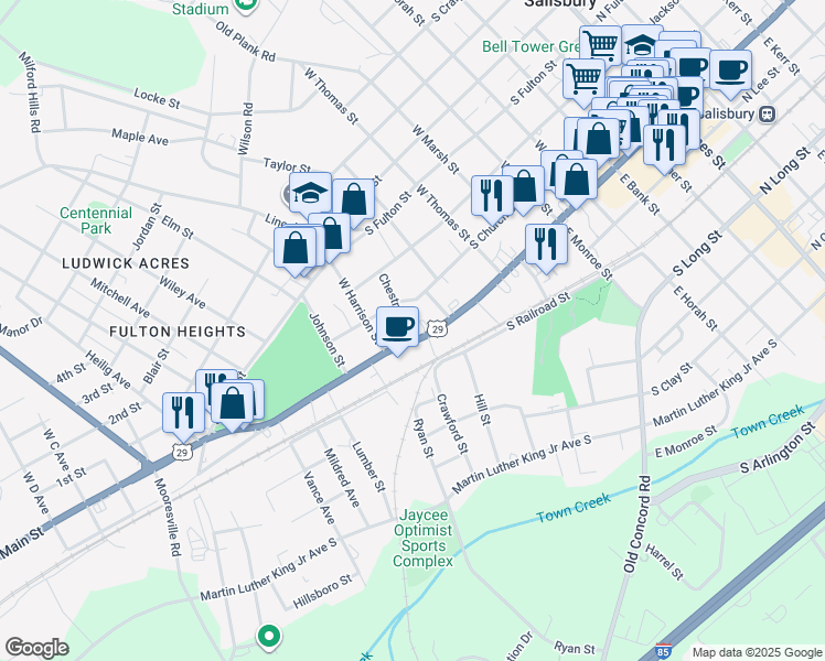 map of restaurants, bars, coffee shops, grocery stores, and more near 832 South Main Street in Salisbury
