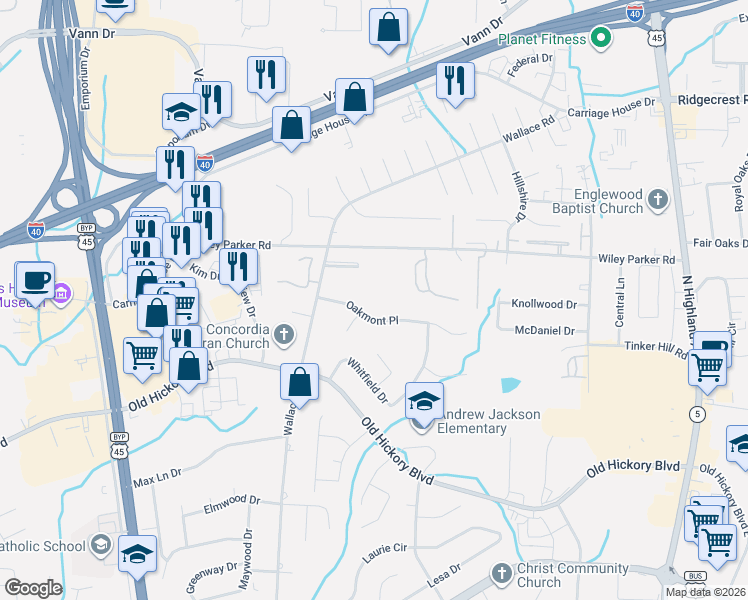 map of restaurants, bars, coffee shops, grocery stores, and more near 53 Oakmont Place in Jackson