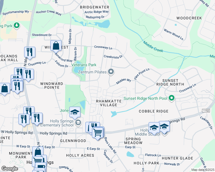 map of restaurants, bars, coffee shops, grocery stores, and more near 300 Midden Way in Holly Springs