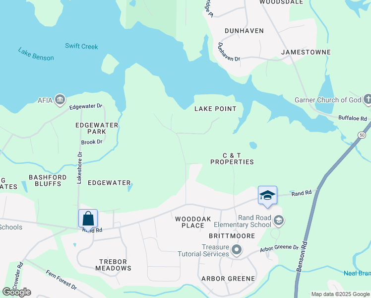 map of restaurants, bars, coffee shops, grocery stores, and more near 8101 Middleton Road in Garner