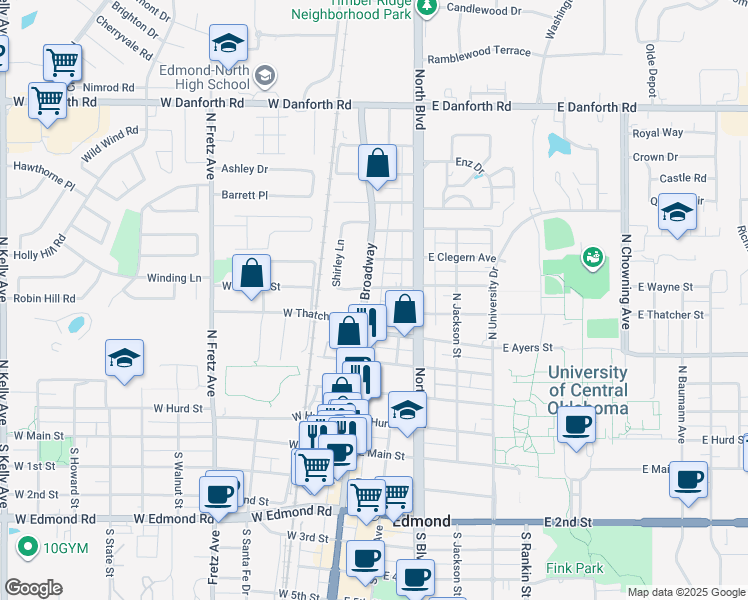 map of restaurants, bars, coffee shops, grocery stores, and more near 601 North Broadway in Edmond