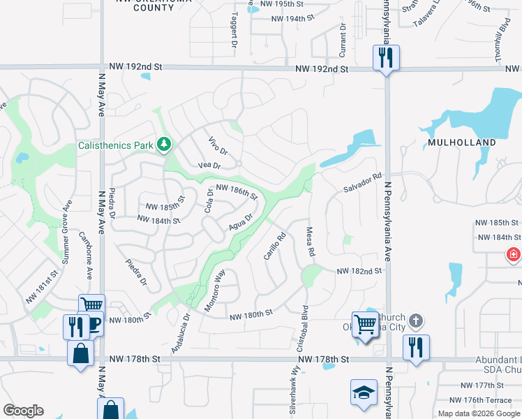 map of restaurants, bars, coffee shops, grocery stores, and more near 18624 Agua Drive in Edmond
