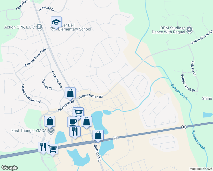 map of restaurants, bars, coffee shops, grocery stores, and more near 53 Gaillardia Way in Clayton