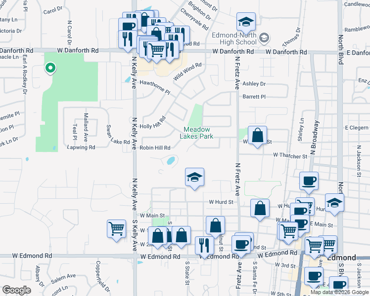 map of restaurants, bars, coffee shops, grocery stores, and more near 505 Meadow Lake Drive in Edmond