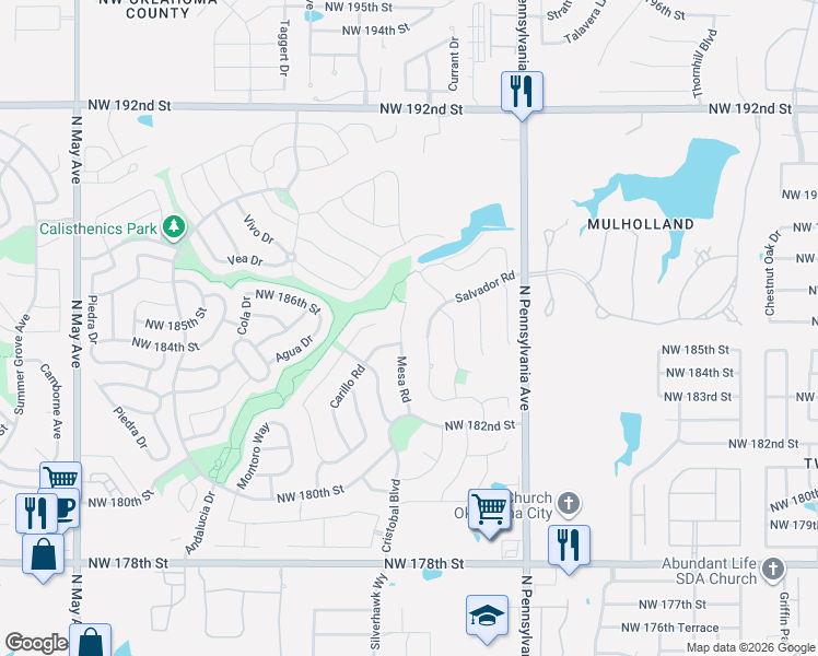 map of restaurants, bars, coffee shops, grocery stores, and more near 18604 Mesa Road in Edmond
