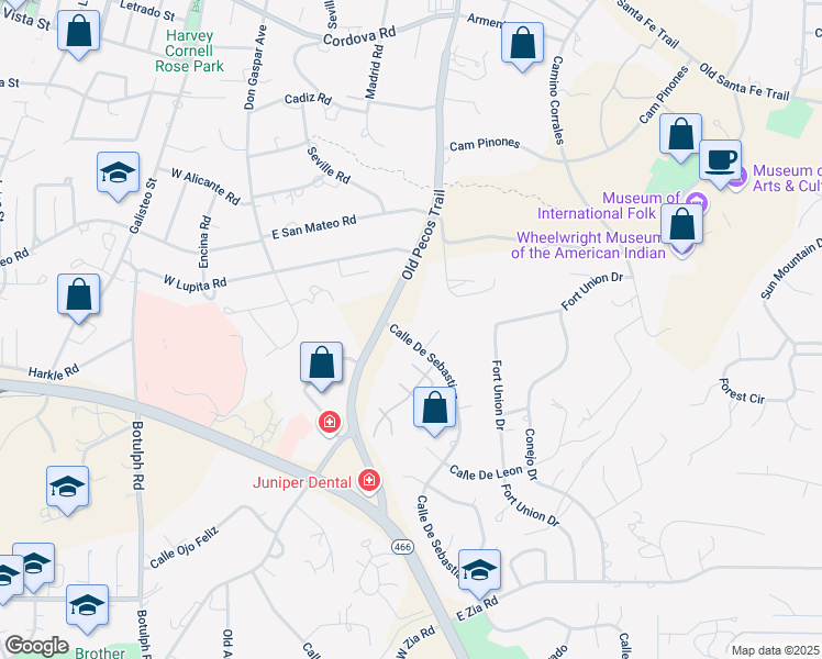 map of restaurants, bars, coffee shops, grocery stores, and more near 1801 Calle De Sebastian in Santa Fe