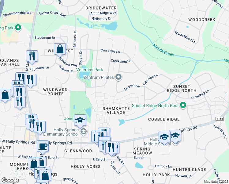 map of restaurants, bars, coffee shops, grocery stores, and more near 300 Midden Way in Holly Springs