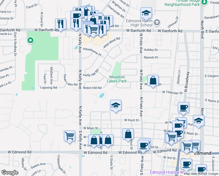 map of restaurants, bars, coffee shops, grocery stores, and more near 505 Meadow Lake Drive in Edmond