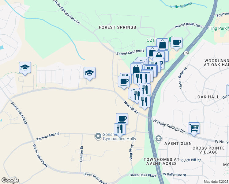 map of restaurants, bars, coffee shops, grocery stores, and more near 11501 New Hill Road in Holly Springs