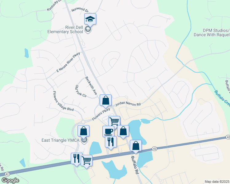 map of restaurants, bars, coffee shops, grocery stores, and more near 57 Willow Green Drive in Clayton