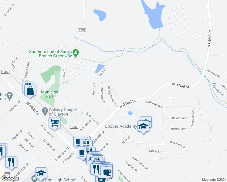 map of restaurants, bars, coffee shops, grocery stores, and more near 108 Smart Court in Clayton