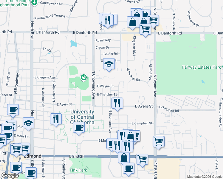 map of restaurants, bars, coffee shops, grocery stores, and more near 920 East Wayne Street in Edmond