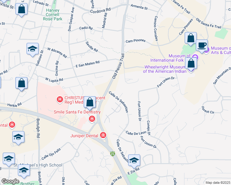 map of restaurants, bars, coffee shops, grocery stores, and more near 1801 Calle De Sebastian in Santa Fe