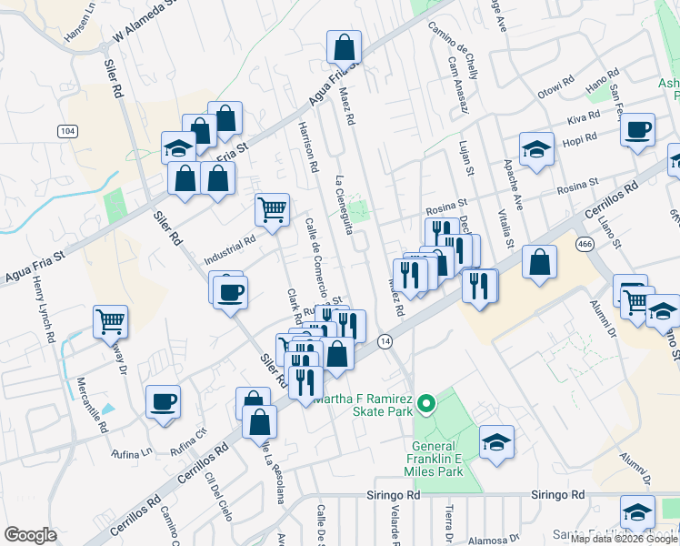 map of restaurants, bars, coffee shops, grocery stores, and more near 1166 Harrison Road in Santa Fe