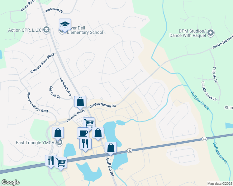 map of restaurants, bars, coffee shops, grocery stores, and more near 75 Gaillardia Way in Clayton