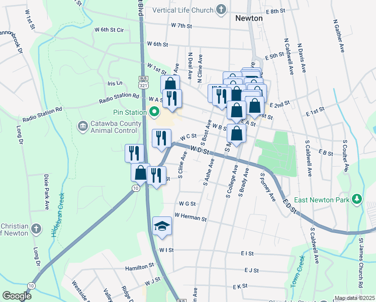 map of restaurants, bars, coffee shops, grocery stores, and more near 223 West D Street in Newton