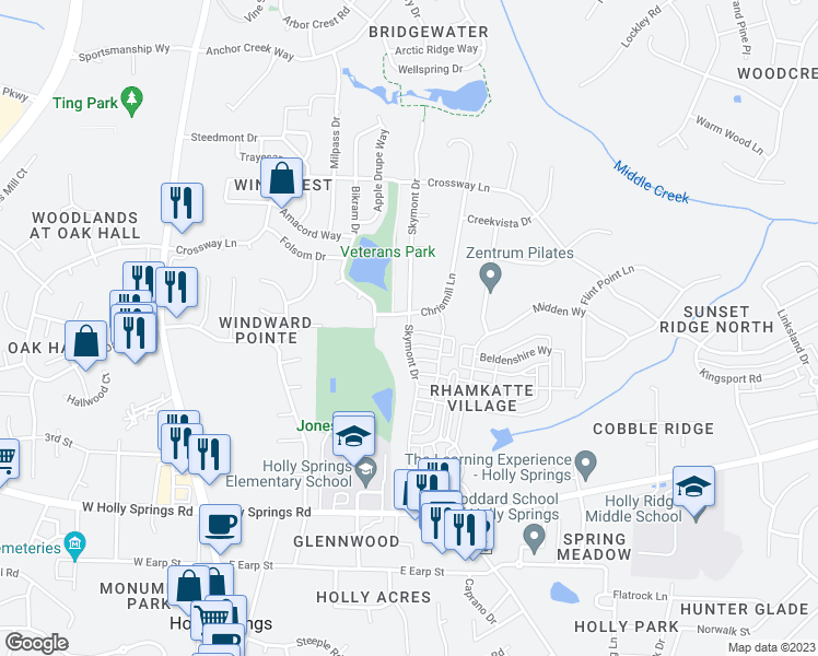 map of restaurants, bars, coffee shops, grocery stores, and more near 500 Skymont Drive in Holly Springs