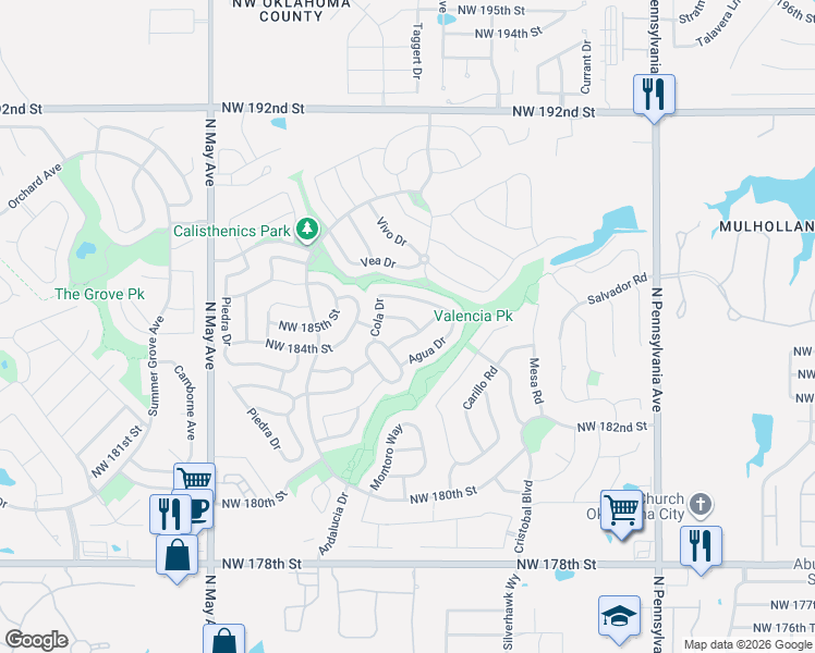 map of restaurants, bars, coffee shops, grocery stores, and more near 2504 Northwest 185th Street in Edmond