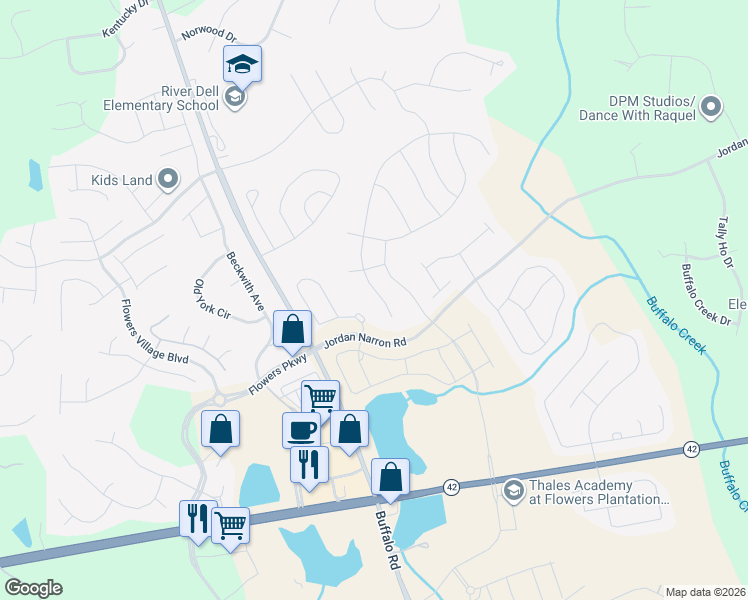 map of restaurants, bars, coffee shops, grocery stores, and more near 145 South Great White Way in Clayton