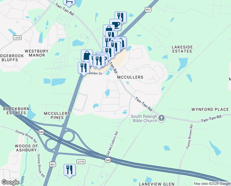map of restaurants, bars, coffee shops, grocery stores, and more near 2001 Ginseng Lane in Raleigh