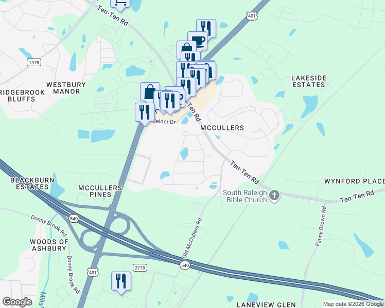 map of restaurants, bars, coffee shops, grocery stores, and more near 2001 Ginseng Lane in Raleigh