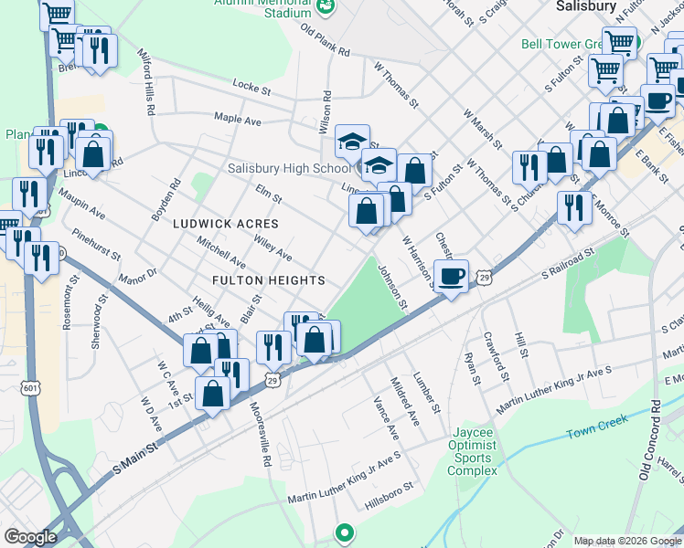 map of restaurants, bars, coffee shops, grocery stores, and more near 1120 South Fulton Street in Salisbury