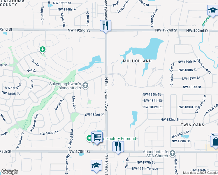 map of restaurants, bars, coffee shops, grocery stores, and more near 18609 Wolf Creek Drive in Edmond