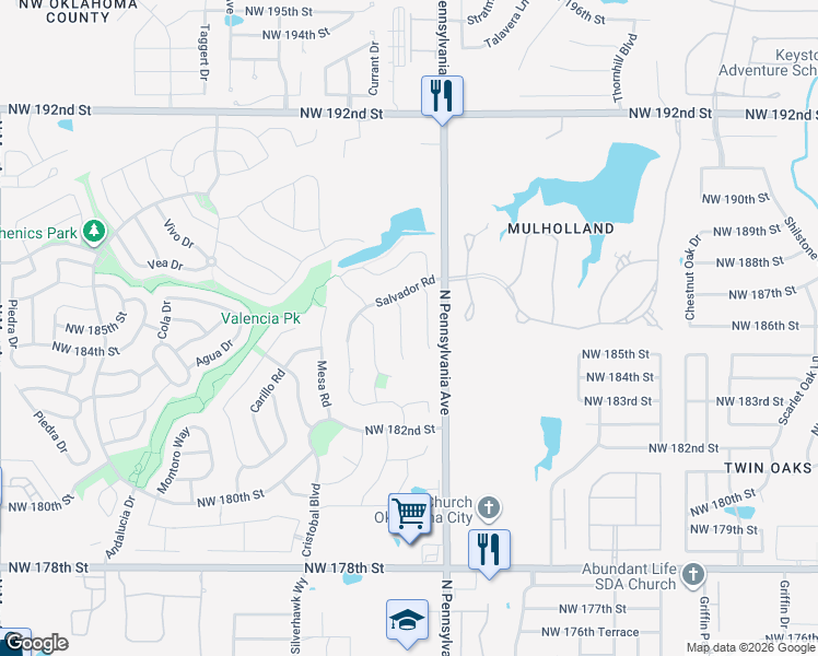map of restaurants, bars, coffee shops, grocery stores, and more near 18604 Alberto Place in Edmond