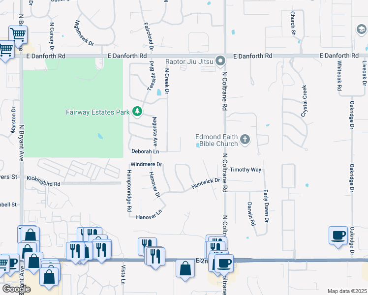 map of restaurants, bars, coffee shops, grocery stores, and more near 600 Joni Deanne Court in Edmond