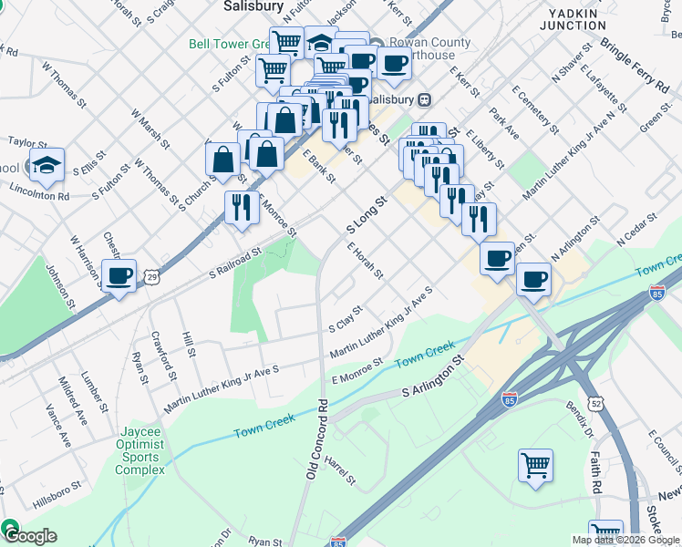 map of restaurants, bars, coffee shops, grocery stores, and more near 417 South Long Street in Salisbury