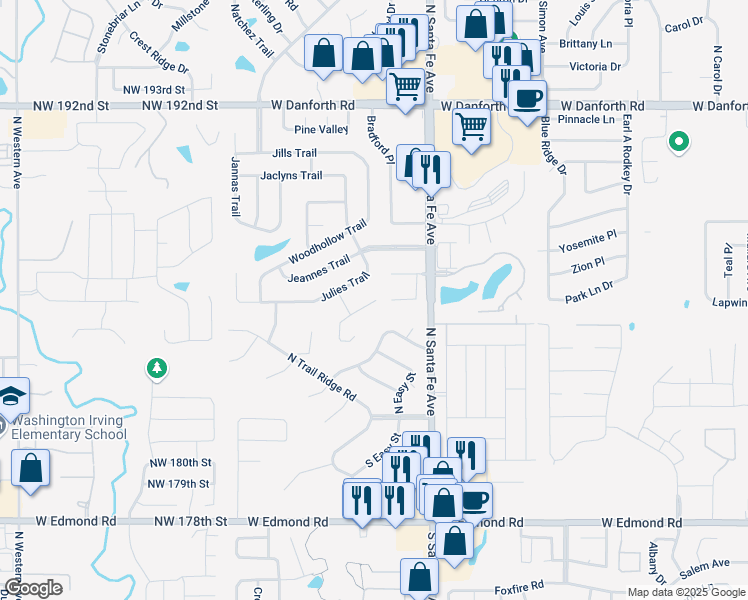 map of restaurants, bars, coffee shops, grocery stores, and more near 2501 Antelope Trail in Edmond