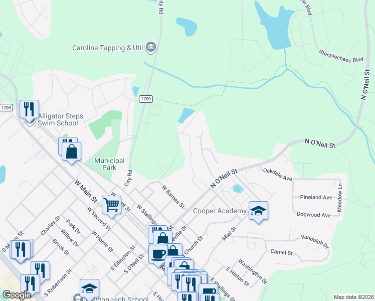 map of restaurants, bars, coffee shops, grocery stores, and more near 116 Edgewater Drive in Clayton