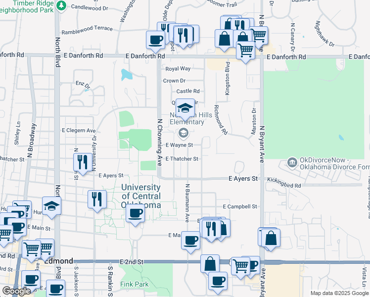 map of restaurants, bars, coffee shops, grocery stores, and more near 920 East Wayne Street in Edmond