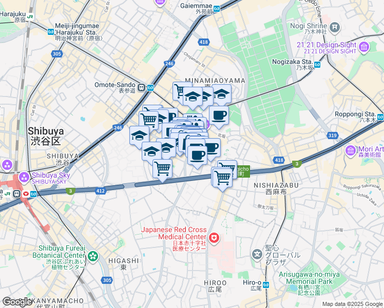 map of restaurants, bars, coffee shops, grocery stores, and more near in Minato City
