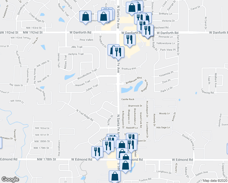 map of restaurants, bars, coffee shops, grocery stores, and more near 250 Santa Fe Terrace in Edmond