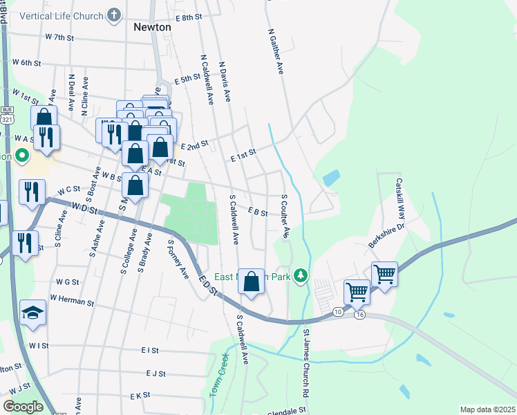 map of restaurants, bars, coffee shops, grocery stores, and more near 604 East B Street in Newton