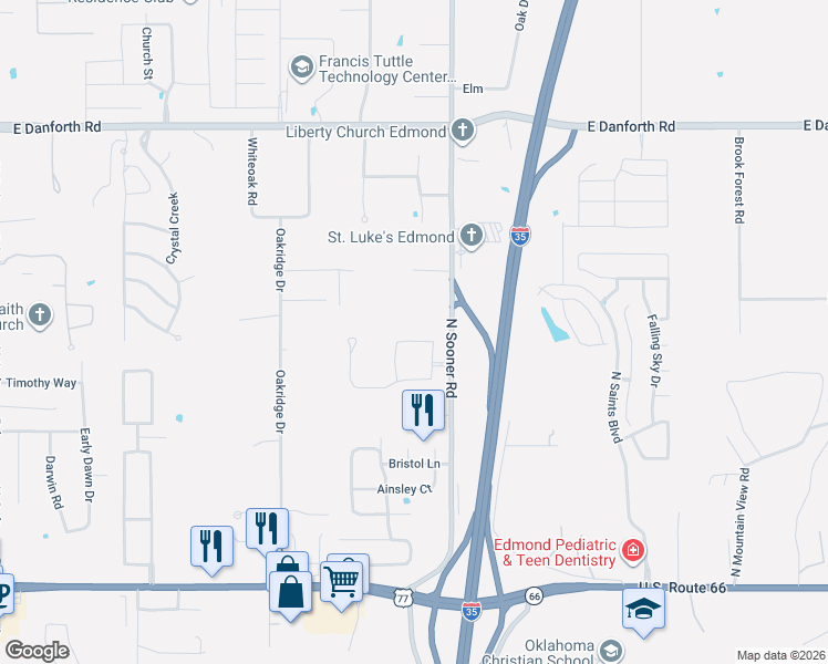 map of restaurants, bars, coffee shops, grocery stores, and more near 4133 Carmina Drive in Edmond
