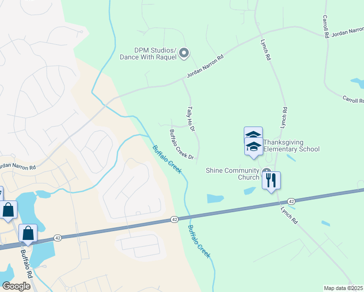 map of restaurants, bars, coffee shops, grocery stores, and more near 22 Buffalo Creek Drive in Selma