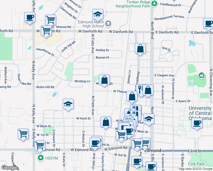 map of restaurants, bars, coffee shops, grocery stores, and more near 200 West Wayne Street in Edmond