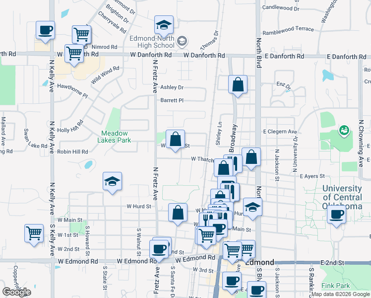 map of restaurants, bars, coffee shops, grocery stores, and more near 200 West Wayne Street in Edmond