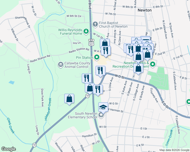 map of restaurants, bars, coffee shops, grocery stores, and more near in Newton