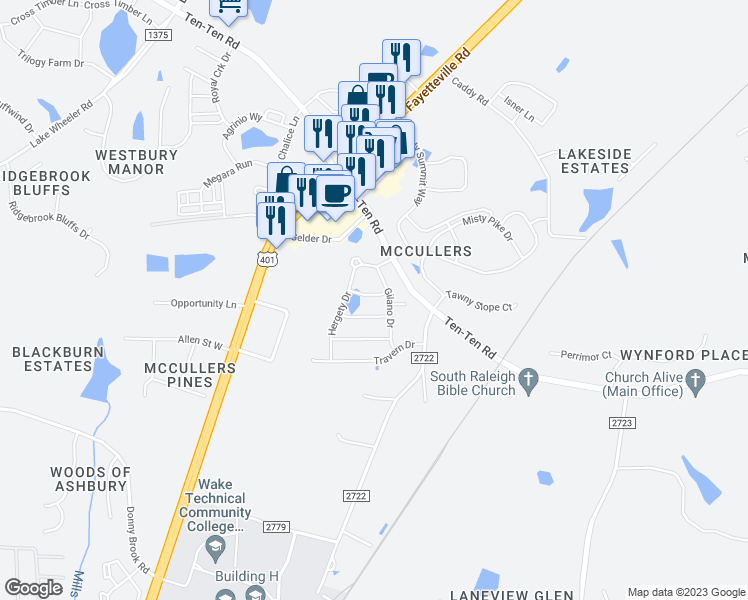 map of restaurants, bars, coffee shops, grocery stores, and more near 2013 Ginseng Lane in Raleigh