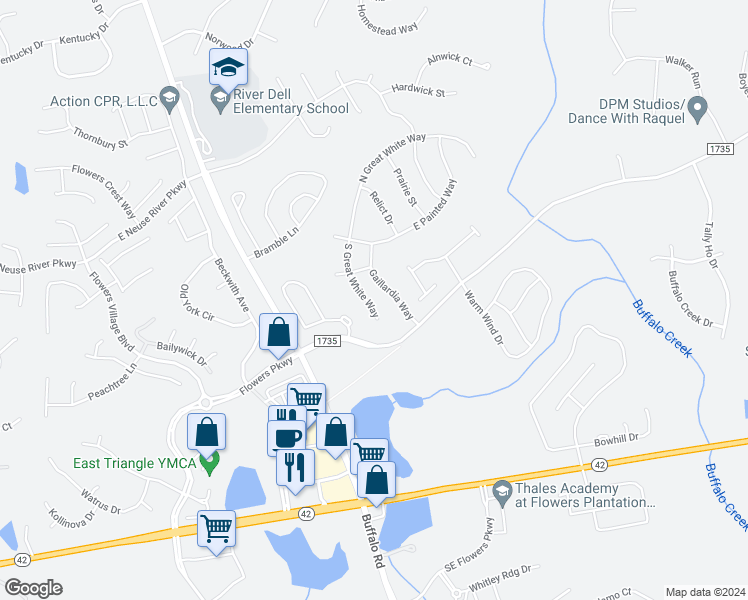 map of restaurants, bars, coffee shops, grocery stores, and more near 175 South Great White Way in Clayton