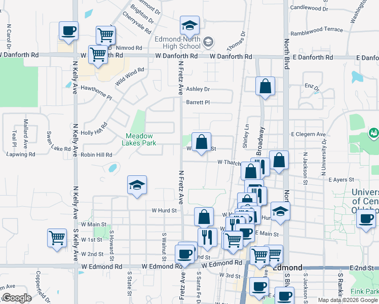 map of restaurants, bars, coffee shops, grocery stores, and more near 232 West Wayne Street in Edmond