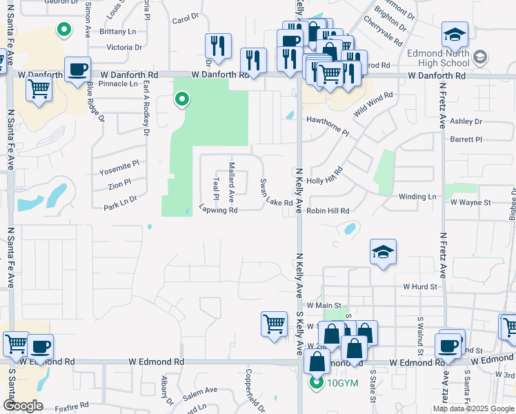 map of restaurants, bars, coffee shops, grocery stores, and more near 1005 Lapwing Road in Edmond