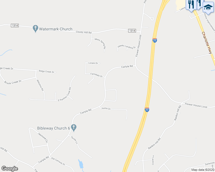 map of restaurants, bars, coffee shops, grocery stores, and more near 191 Carlyle Road in Troutman